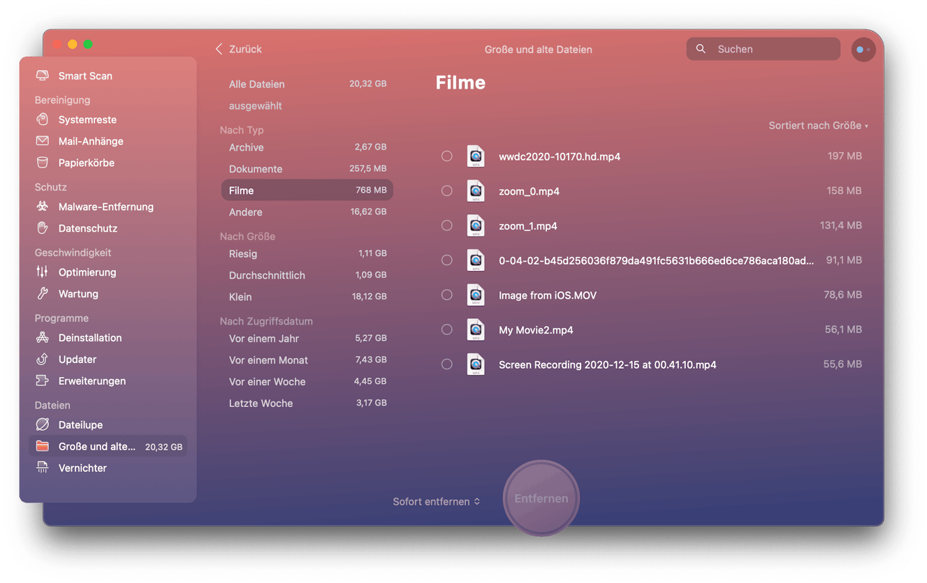 CleanMyMac X – Seitenleiste auf Große & Alte Dateien – Scannen