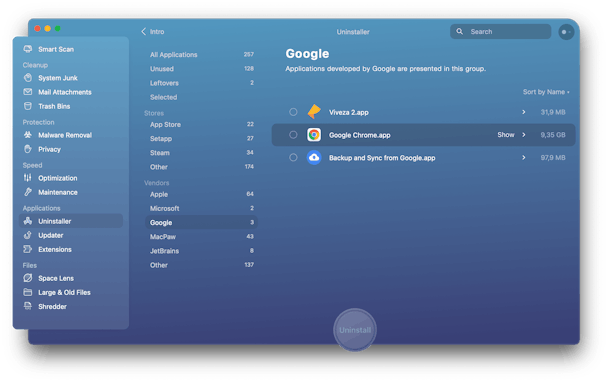Chrome selected in the Uninstaller module in CleanMyMacX