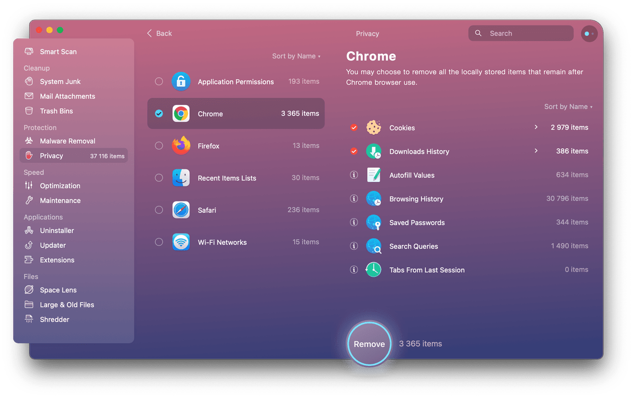 CleanMyMac X - Chrome in Privacy tab