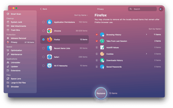 CleanMyMac X - Firefox in Privacy module