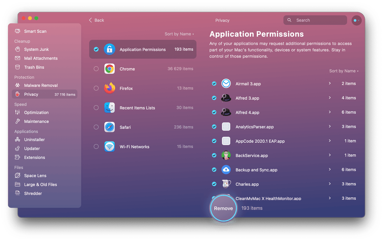 CleanMyMac X - Application permissions