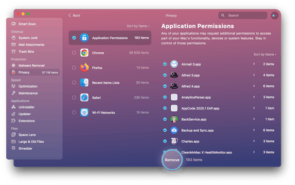 CleanMyMac X - Application permissions
