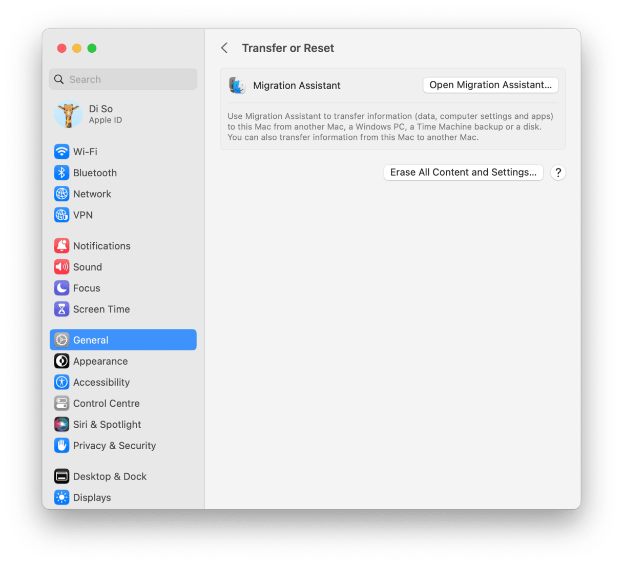 System Preferences - Transfer or Reset